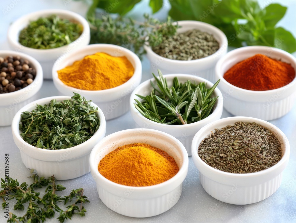 Assorted fresh herbs and spices in small white bowls Assorted fresh herbs and spices in small white bowls