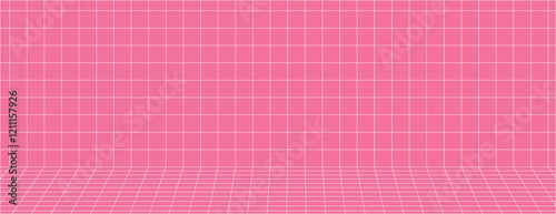 Pink grid background with a retro style. The background features a pink color with a grid texture, creating a pink, geometric look. Grid pattern background vector. Pink background.