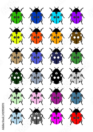 24 ladybugs silhouette in different color vector high resolution for graphics assets