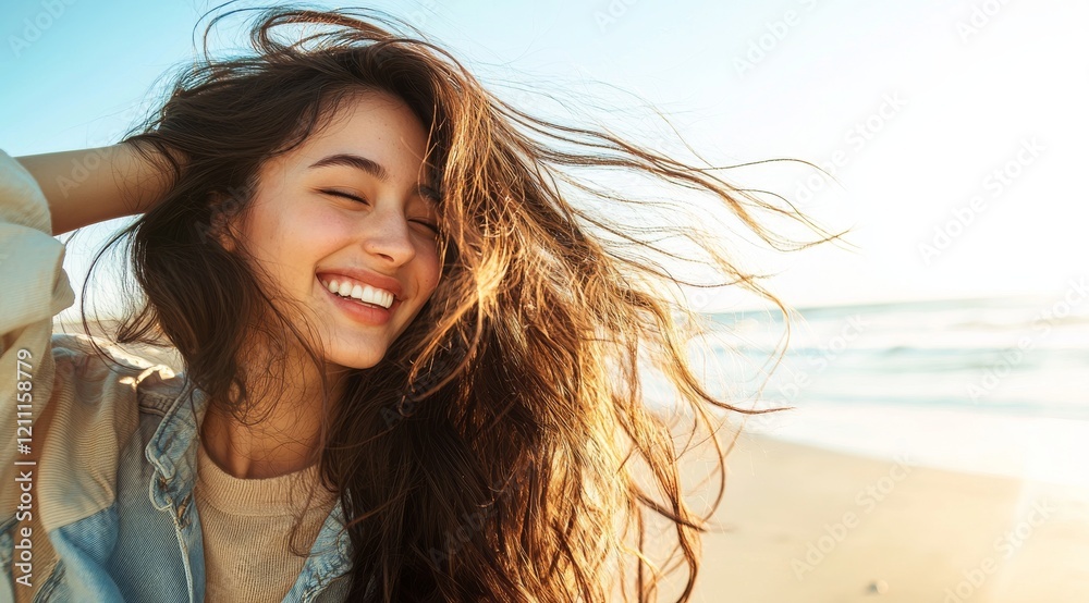 Joyful young woman laughing with flowing hair on beach during sunny summer day with ocean waves Joyful young woman laughing with flowing hair on beach during sunny summer day with ocean waves
