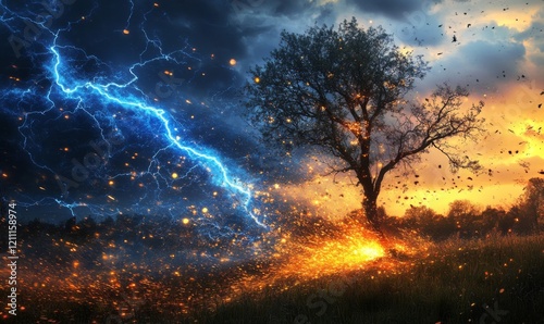 A close-up of a lightning bolt as it strikes a tall tree, with vibrant blue and yellow sparks flying, against a backdrop of dark clouds swirling above.  photo