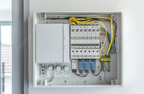 Modern Electrical Panel with Circuit Breakers and Colorful Wiring in a Residential Setting
