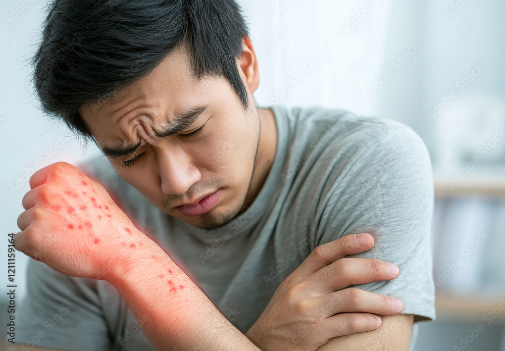Young Man with Skin Rash Expresses Discomfort and Concern in Bright Indoor Setting Young Man with Skin Rash Expresses Discomfort and Concern in Bright Indoor Setting