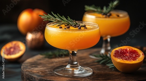 Refreshing citrus cocktails garnished with rosemary and spices on a rustic wooden table