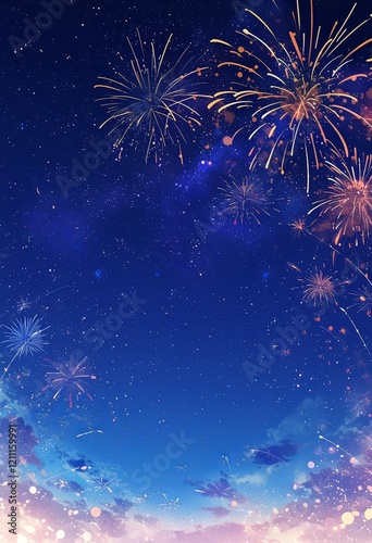  A festive background featuring dark blue sky with colorful fireworks 