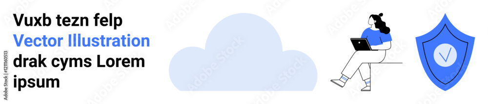 Cloud, person on laptop, blue shield with check mark. Ideal for technology, cyber security, data protection, cloud services, online safety, remote work, digital illustration. Landing page Cloud, person on laptop, blue shield with check mark. Ideal for technology, cyber security, data protection, cloud services, online safety, remote work, digital illustration. Landing page