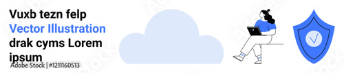 Cloud, person on laptop, blue shield with check mark. Ideal for technology, cyber security, data protection, cloud services, online safety, remote work, digital illustration. Landing page