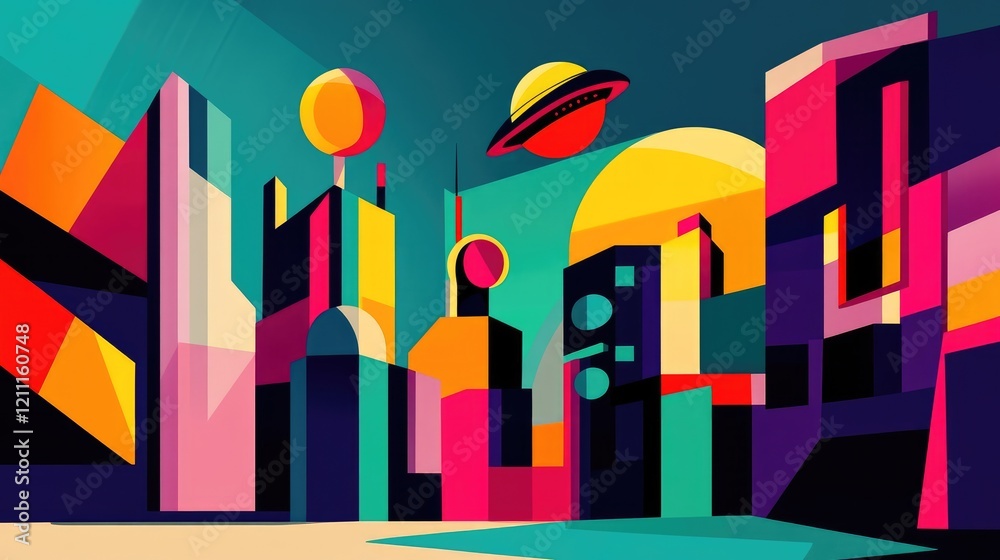 Obraz premium Abstract Cityscape with Geometric Buildings and UFO