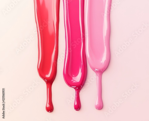 Three shades of glossy lip gloss dripping down.
