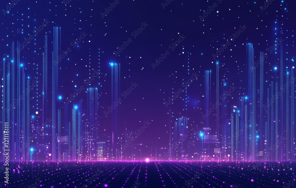 Futuristic Cityscape with Glowing Lights and Abstract Digital Elements in Night Sky Futuristic Cityscape with Glowing Lights and Abstract Digital Elements in Night Sky