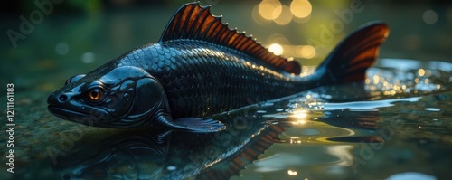 The scales on a black muscle devil shine like polished obsidian in the sunlight, water, fishy photo