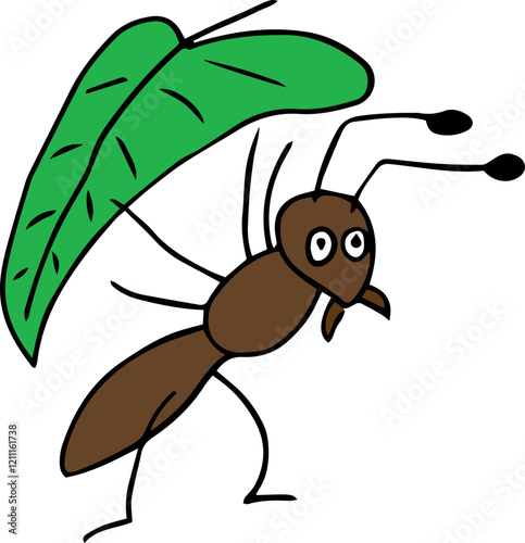 A brown ant stands on its two hind legs with its eyes wide open and holds a large green leaf above itself