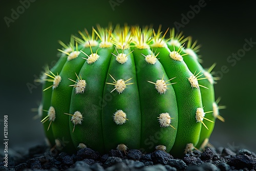 Green Cactus Sphere In Dark Volcanic Soil photo