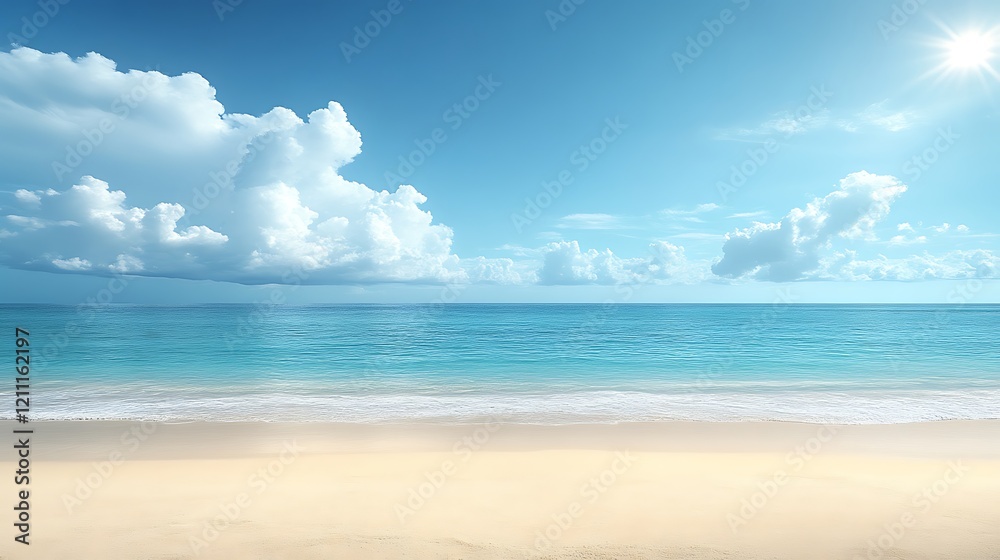 Obraz premium Serene Beach Scene Under a Sunny Sky With Fluffy Clouds