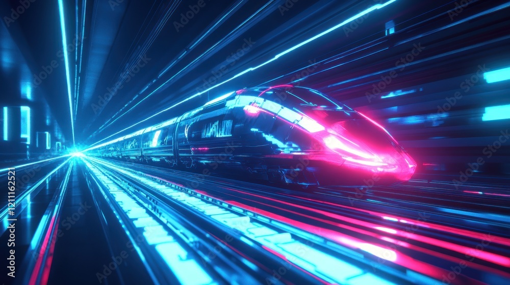 Futuristic High-Speed Train Racing Through Neon Tunnel Futuristic High-Speed Train Racing Through Neon Tunnel
