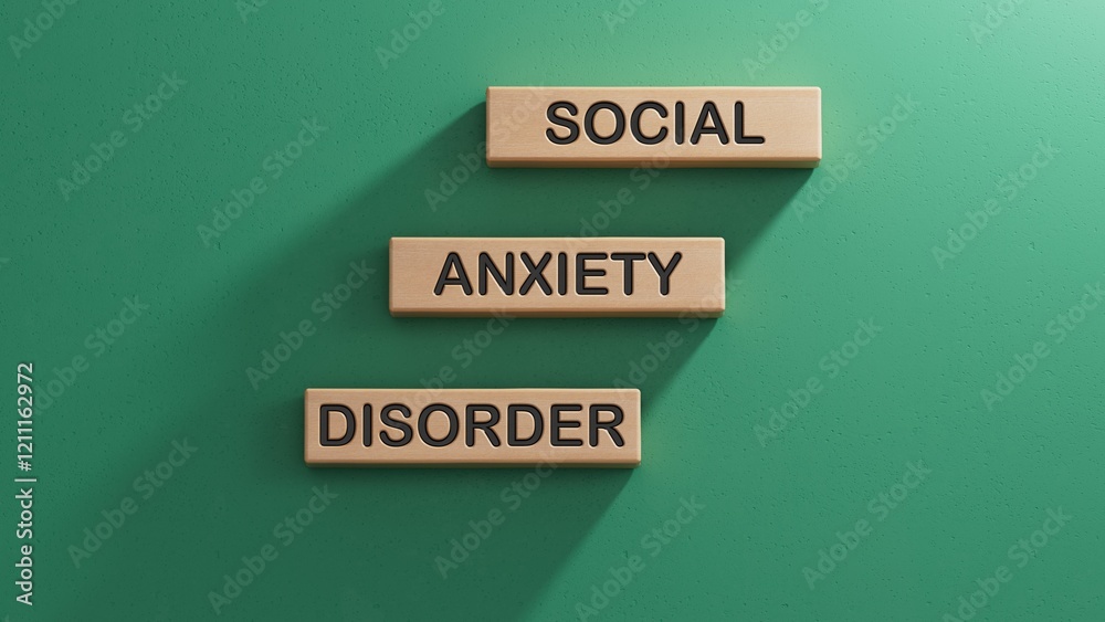 Social Anxiety Disorder symbol. Concept words Social Anxiety Disorder on wooden blocks.Healthcare and Social Anxiety Disorder concept.3D rendering on green background. Social Anxiety Disorder symbol. Concept words Social Anxiety Disorder on wooden blocks.Healthcare and Social Anxiety Disorder concept.3D rendering on green background.