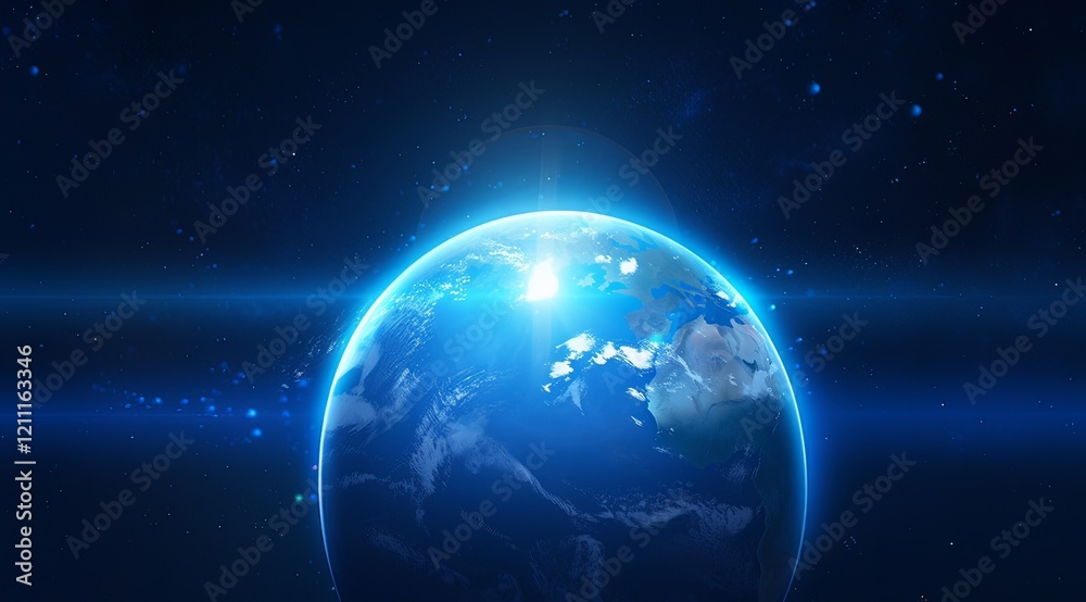 A blue light radiating from Earth, casting a glowing blue aura in space. A blue light radiating from Earth, casting a glowing blue aura in space.
