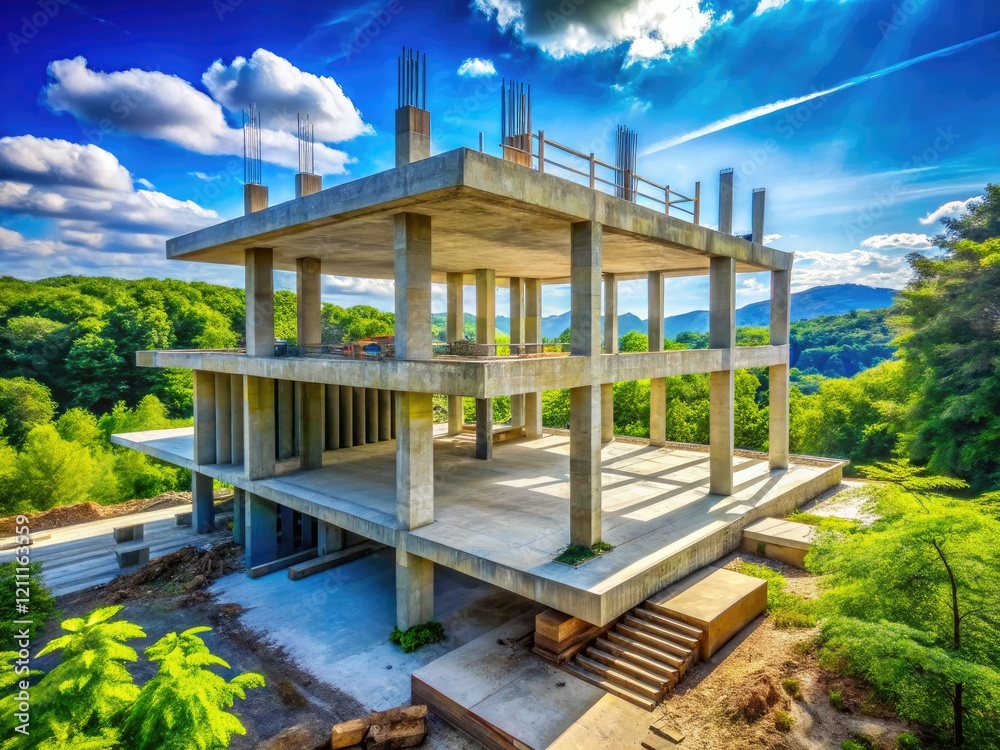 Minimalist concrete home, open layout, deep focus, showcasing nature's blue sky backdrop. Minimalist concrete home, open layout, deep focus, showcasing nature's blue sky backdrop.