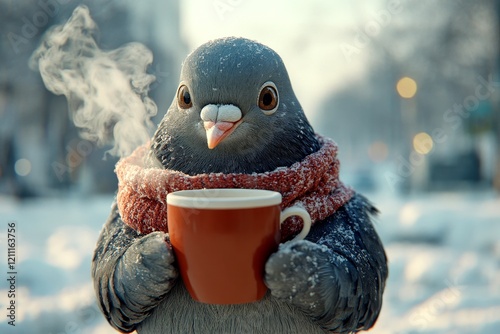 Zoo pet well-being. Sidesplitting animals. Happy cute adult animal pigeon in winter warm clothes, holding steaming cup with rising steam in paws. Wild animal drive. Winter animal pictures. photo