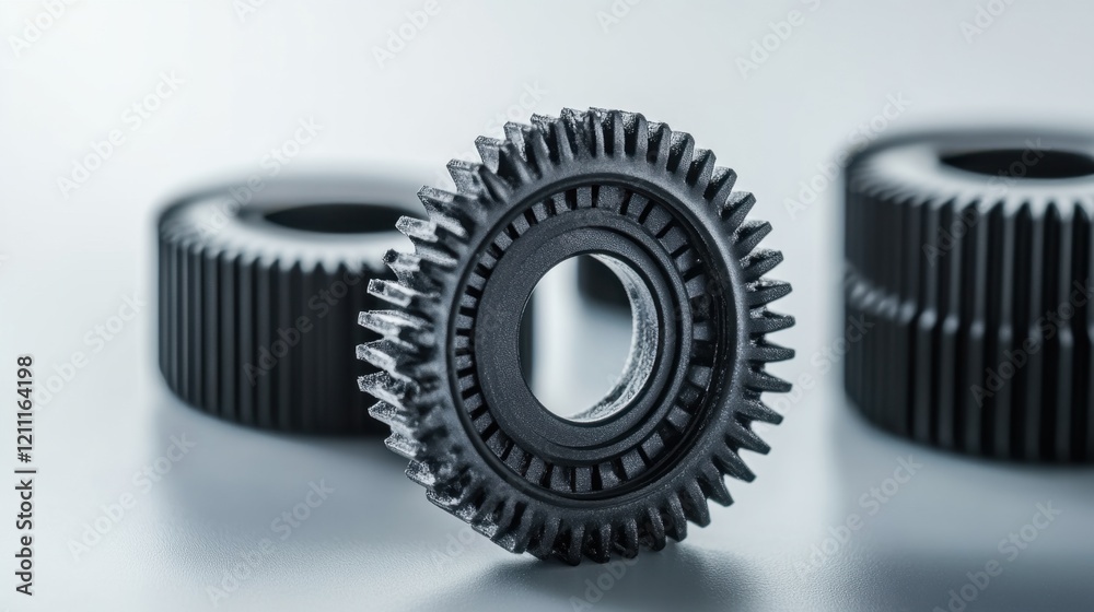 A detailed view of plastic gears produced for mechanical applications. A detailed view of plastic gears produced for mechanical applications.