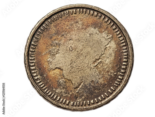 Aged rusty coin with worn details isolated on white background