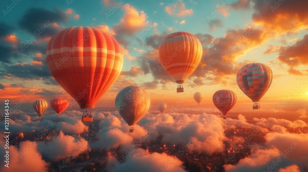 Fototapeta premium Hot air balloons fly above clouds at sunset