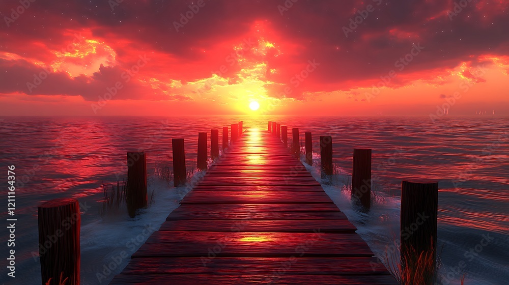Wooden Pier Extending Towards a Vibrant Sunset Over Calm Ocean Waters Wooden Pier Extending Towards a Vibrant Sunset Over Calm Ocean Waters