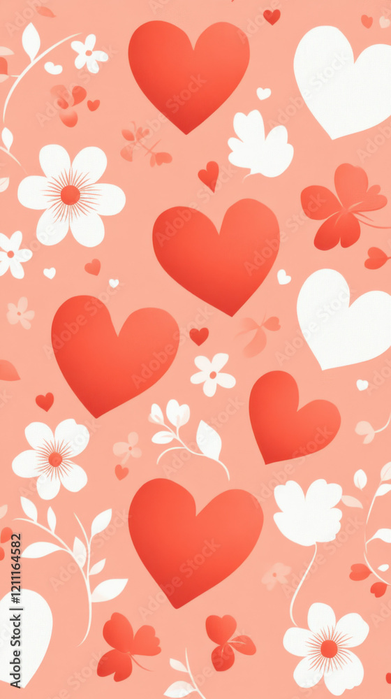 whimsical pattern of red hearts and white flowers on peach background whimsical pattern of red hearts and white flowers on peach background