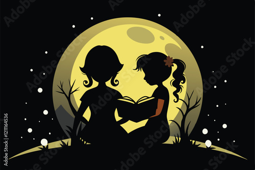 girl reading book in the moon illustration