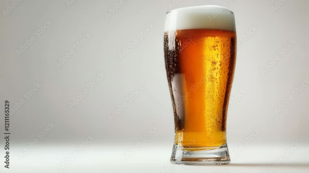 Effervescent beer pour with rising bubbles and foam in tall glass
