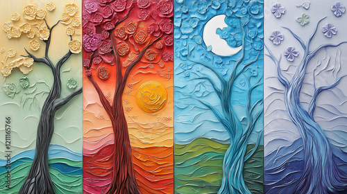 Four seasons art with vibrant colors show different landscape of year with warm and cool tones to express beauty of nature
