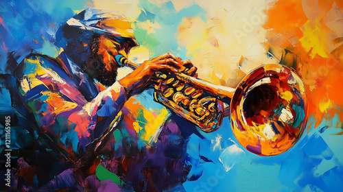 man playing trumpet focused performing music with colorful background expressing musical art
