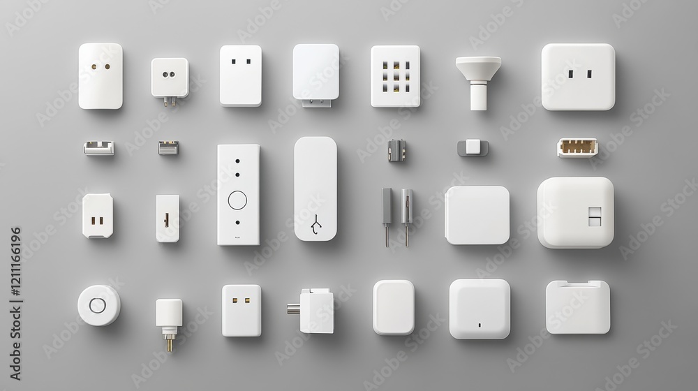 A variety of adapters and plugs arranged in a modern, minimalist layout. A variety of adapters and plugs arranged in a modern, minimalist layout.