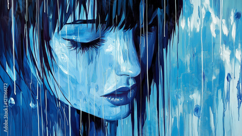 blue painting of sad woman under rain feeling of loneness makes she looks melancholic and depressed