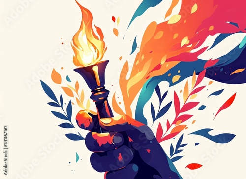 an athlete holding the Olympic torch, set against a white background.