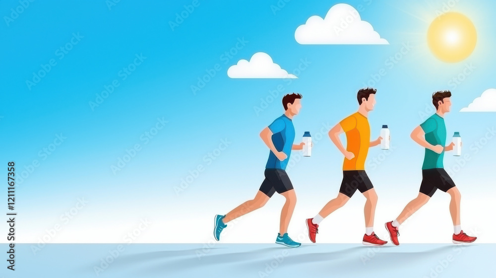 Three men jogging under bright sun, each holding water bottle, against clear blue sky with clouds. scene conveys energy and fitness Three men jogging under bright sun, each holding water bottle, against clear blue sky with clouds. scene conveys energy and fitness