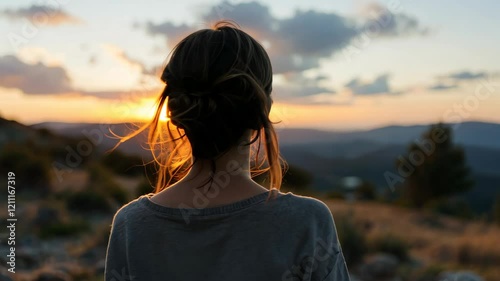 Woman contemplating sunset on scenic mountain landscape with wind blown hair