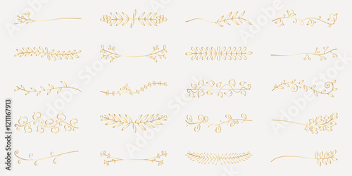 Vector set. Elegant gold decorative flourishes and swirls. Ornate swirls and flourishes in gold. Decorative gold elements with intricate swirls and flourishes. Hand drawn ornament vector set.