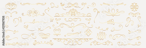 Vector set. Elegant gold decorative flourishes and swirls. Ornate swirls and flourishes in gold. Decorative gold elements with intricate swirls and flourishes. Hand drawn ornament vector set.