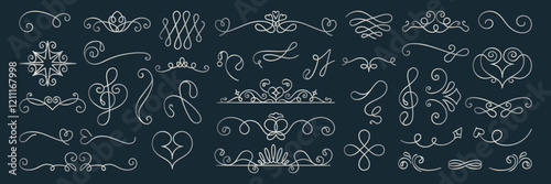 Vector set. Elegant decorative flourishes and swirls in a variety of intricate designs. These flourishes add a touch of elegance and sophistication to any project. Hand drawn ornament vector set.