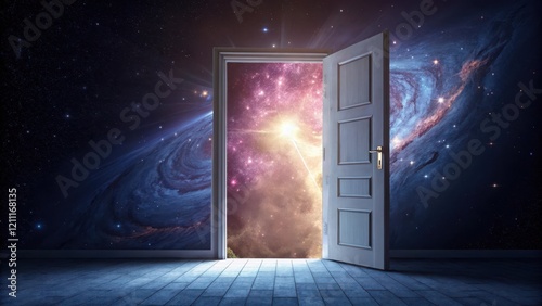 Surreal Open Door Leading to a Glowing Cosmic Realm
