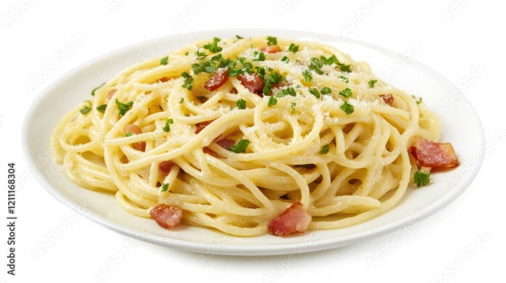 A plate of creamy carbonara pasta with spaghetti, pancetta, Parmesan cheese A plate of creamy carbonara pasta with spaghetti, pancetta, Parmesan cheese