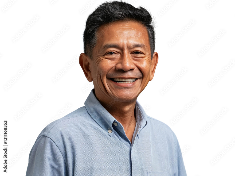 Friendly mature man in a blue shirt smiling confidently, exuding positivity Friendly mature man in a blue shirt smiling confidently, exuding positivity