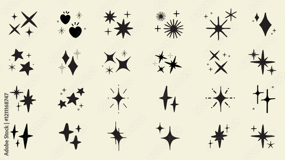 Naklejka premium Collection of black star and sparkle icons on grid paper. Various star shapes and sparkle designs. Simple star and sparkle illustrations. Element vector set.