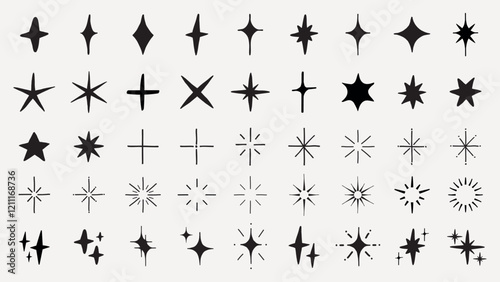 A collection of star shapes, featuring various star designs, star symbols, and star patterns. These star icons are diverse in style and form, showcasing star variations. Element vector set.
