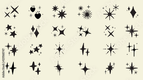 Collection of black star and sparkle icons on grid paper. Various star shapes and sparkle designs. Simple star and sparkle illustrations. Element vector set.