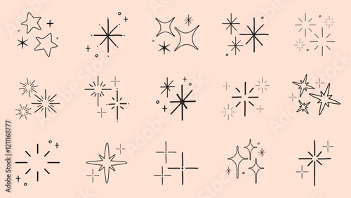 Collection of hand-drawn star and sparkle icons. Various star shapes and sparkles. Simple, minimalist star and sparkle designs on a beige background. Element vector set.