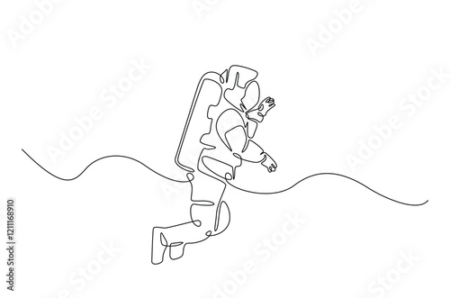 Astronaut in continuous one line drawing. Single line art illustration of astronaut in outer space. Editable vector.
