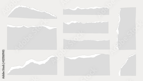 Set of torn paper edges. Torn paper with rough edges. White torn paper pieces. Collection of torn paper strips. Torn paper for design use. Gray element vector set.