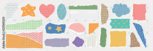 Colorful torn paper shapes in various patterns and colors, including stars, hearts, and clouds. Vibrant torn paper designs add a playful, creative touch. Colorful patterned element vector set.